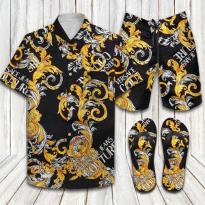 Versace Jeans Couture Brand Luxury Brand Hawaiian Shirt Shorts and Flip Flops Combo