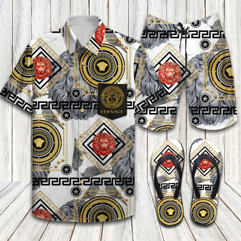 Versace Lion Head with Birds Hawaiian Shirt Shorts and Flip Flops Combo