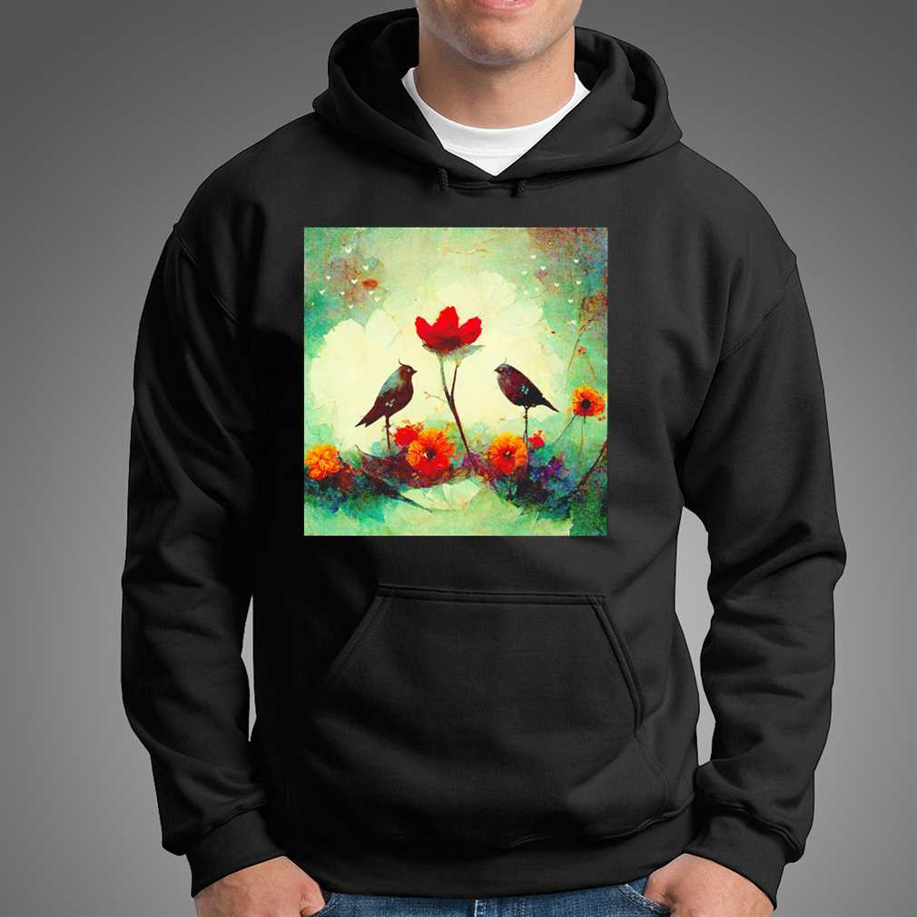 Two Black Birds With Red And Orange Flowers Art Shirt Ladies Tee, Sweatshirt, Hoodie, Longsleeve, Tank Top