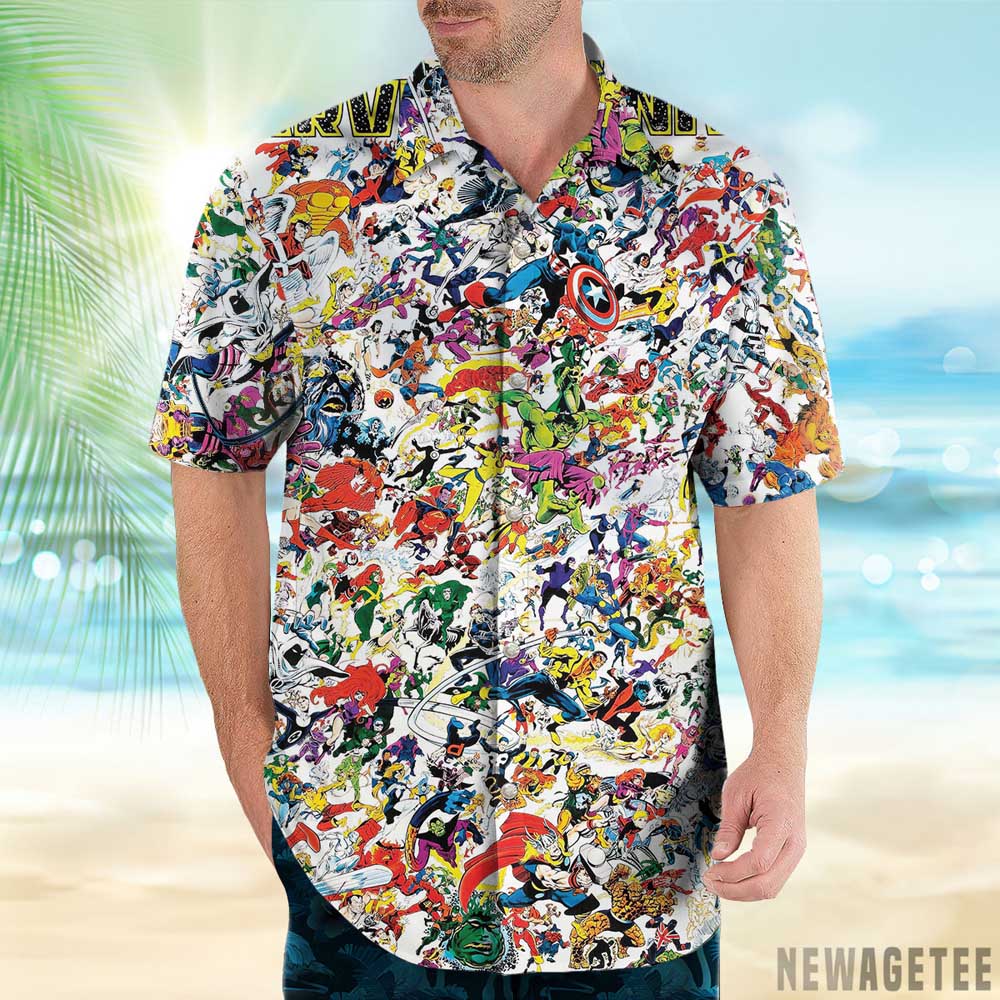 Marvel Universe Promotional Poster Hawaiian Shirt Beach Shorts Short Sleeve Button Up