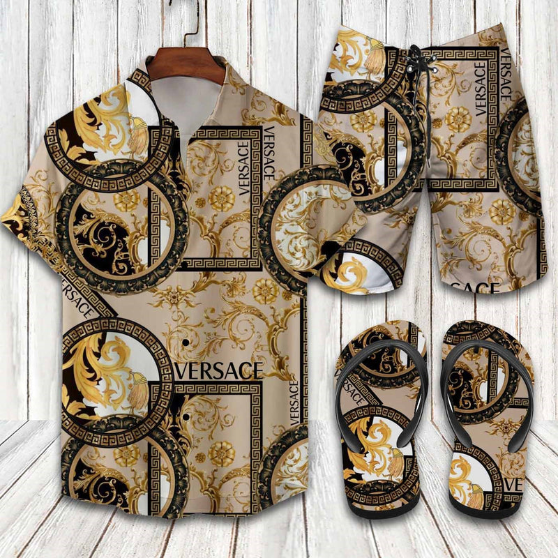 Versace Brand Luxury 2022 Hawaiian Shirt Beach Shorts and Flip Flops Combo Versace Brand Luxury 2022 Hawaiian Shirt Beach Shorts and Flip Flops Combo