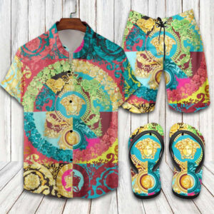 Versace Sustainable Voyage Barocco Hawaiian Shirt Beach Shorts and Flip Flops Combo