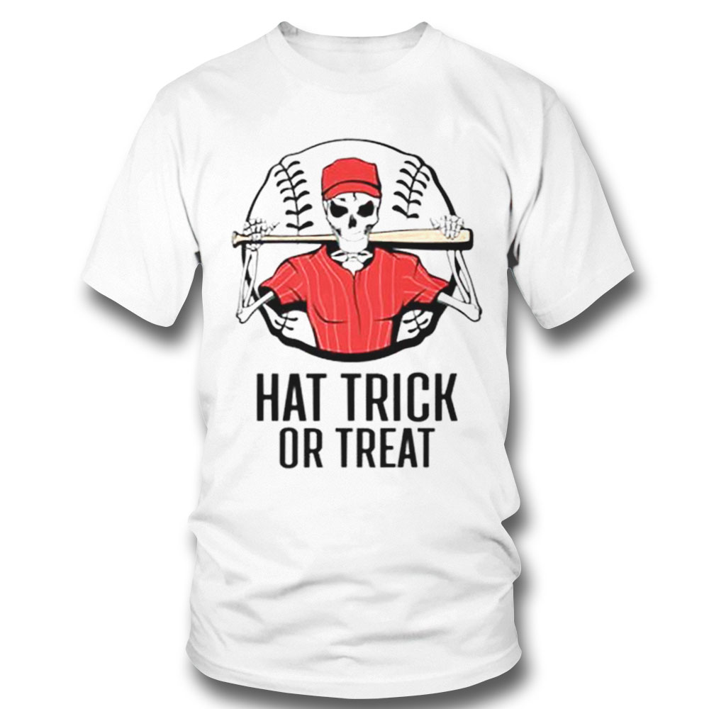 Skeleton Red Hat Trick Or Treat Halloween Illustration Shirt Sweatshirt, Tank Top, Ladies Tee
