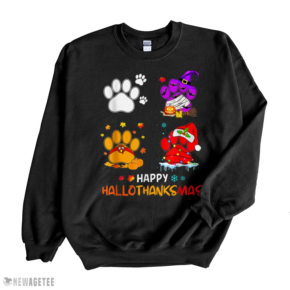 Happy Hallothanksmas Cute Paw Dogs And Pumpkin Turkey T-shirt Long Sleeve, Ladies Tee