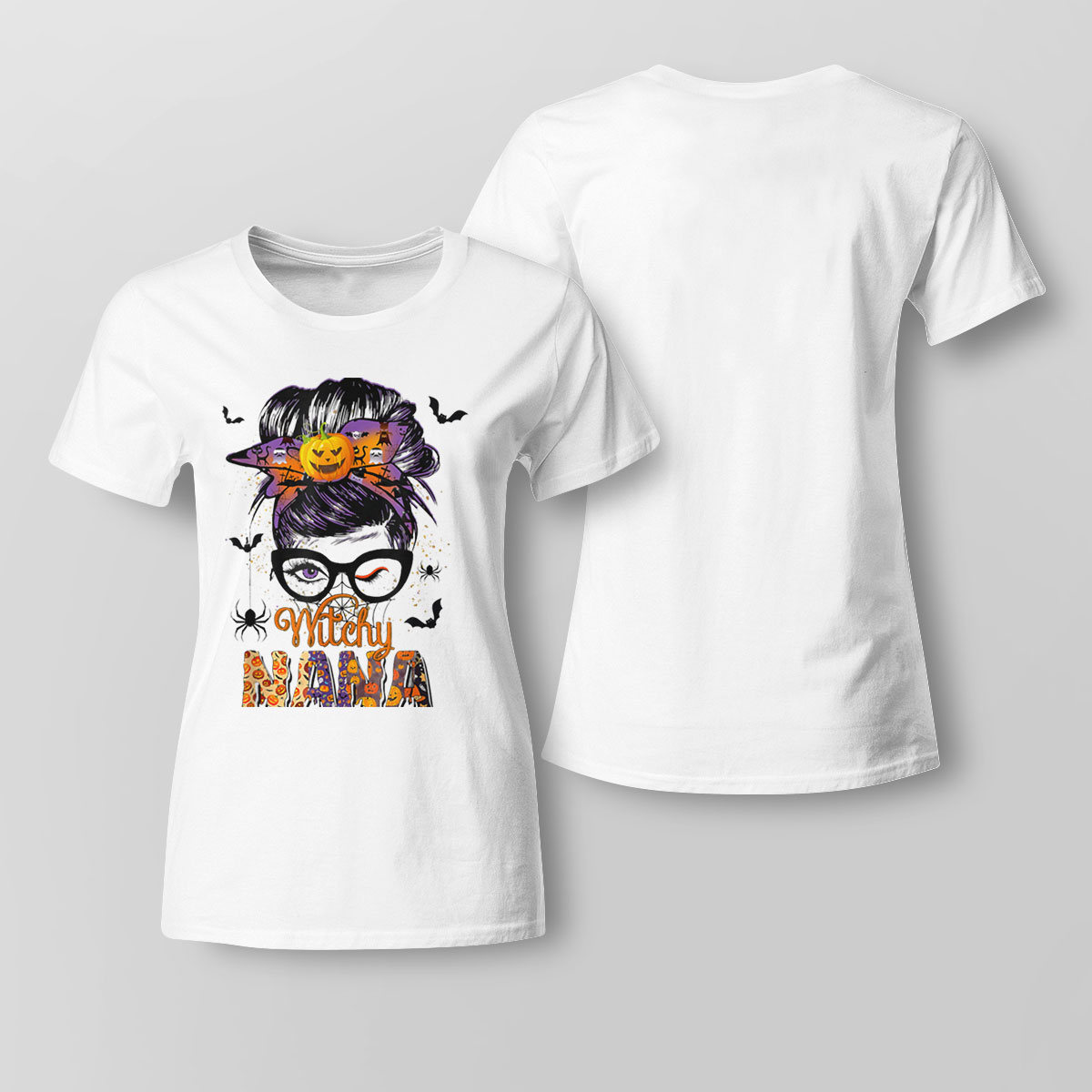 Witchy Nana Halloween Skull Witch Mom Messy Bun T-shirt Sweatshirt, Tank Top, Ladies Tee