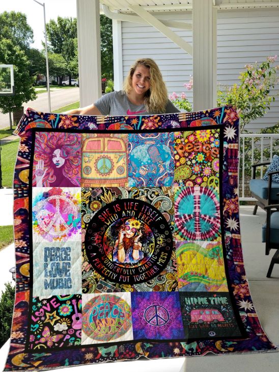 Love Music Wild And Free Hippie Fleece Quilt Blanket Gift