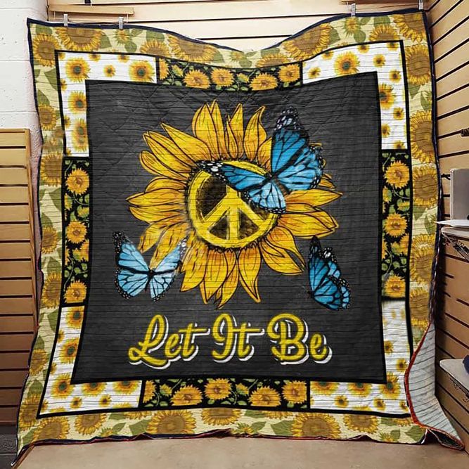 Sunflower Blue Butterfly Peace Symbol Sunflower Hippie Fleece Quilt Blanket Premium