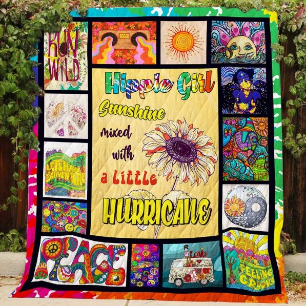 Sunshine Mixed With A Little Hurricane Hippie Girl Fleece Quilt Blanket Gift
