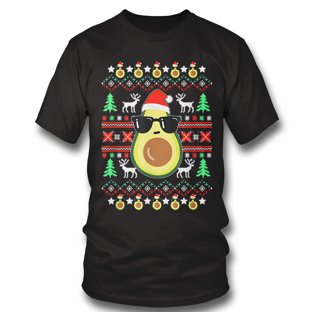Merry Christmas Avocado Santa Hat Sunglasses Vegan Funny Shirt
