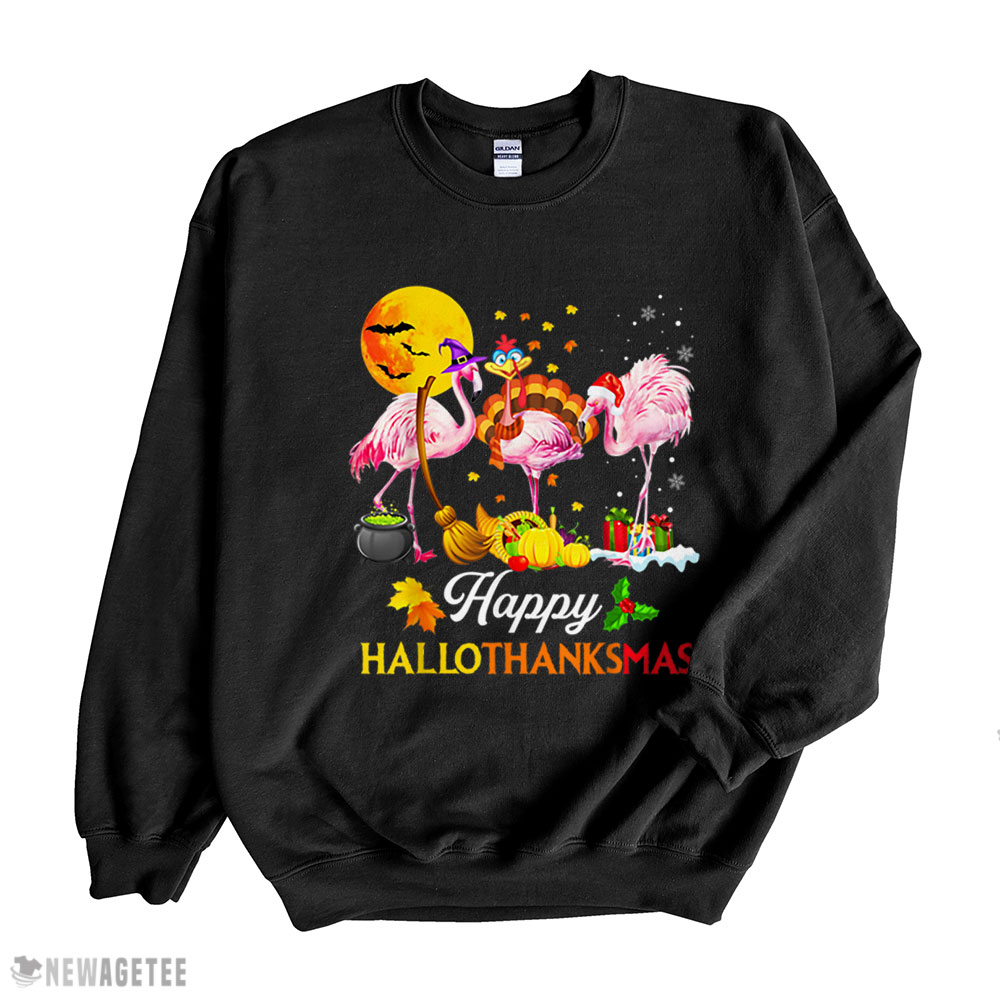 Flamingo Halloween And Merry Christmas Happy Hallothanksmas Shirt
