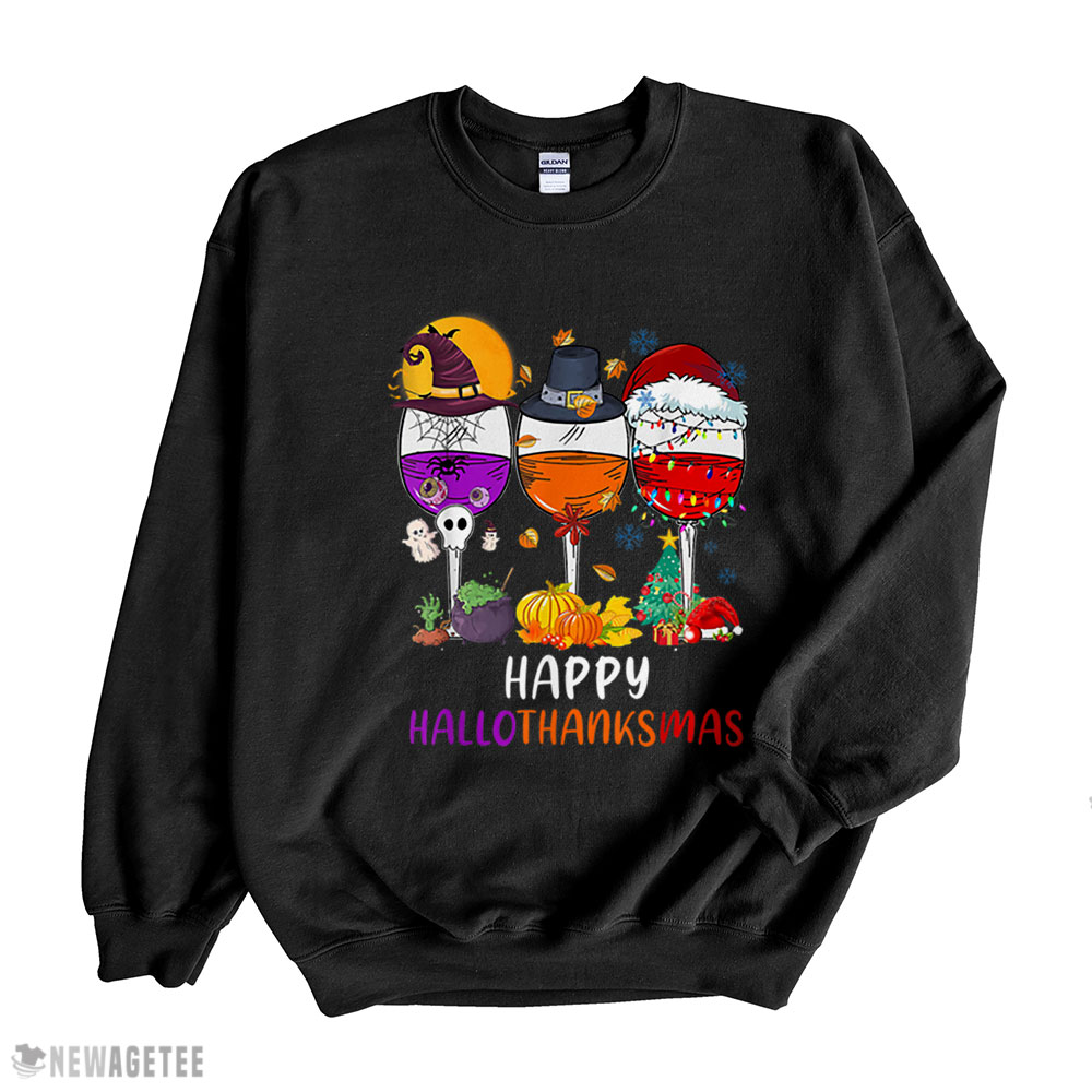 Halloween Thanksgiving Christmas Happy Hallothanksmas Wine Shirt