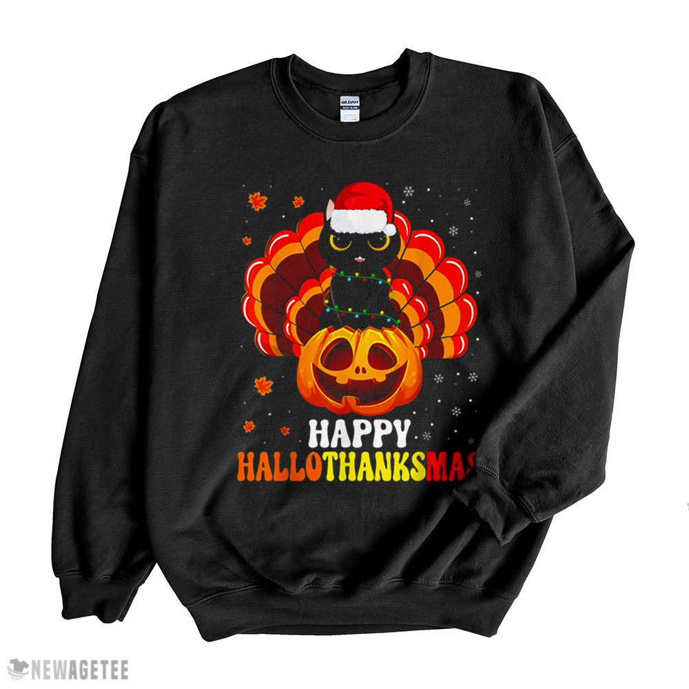 Happy Hallothanksmas Black Cat Lover Santa Pumpkin Turkey Funny Thanksgiving T Shirt Hoodie, Long Sleeve, Tank Top