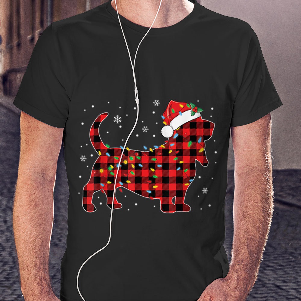 Basset Hound Christmas Tree Light Red Plaid Pajama Shirt
