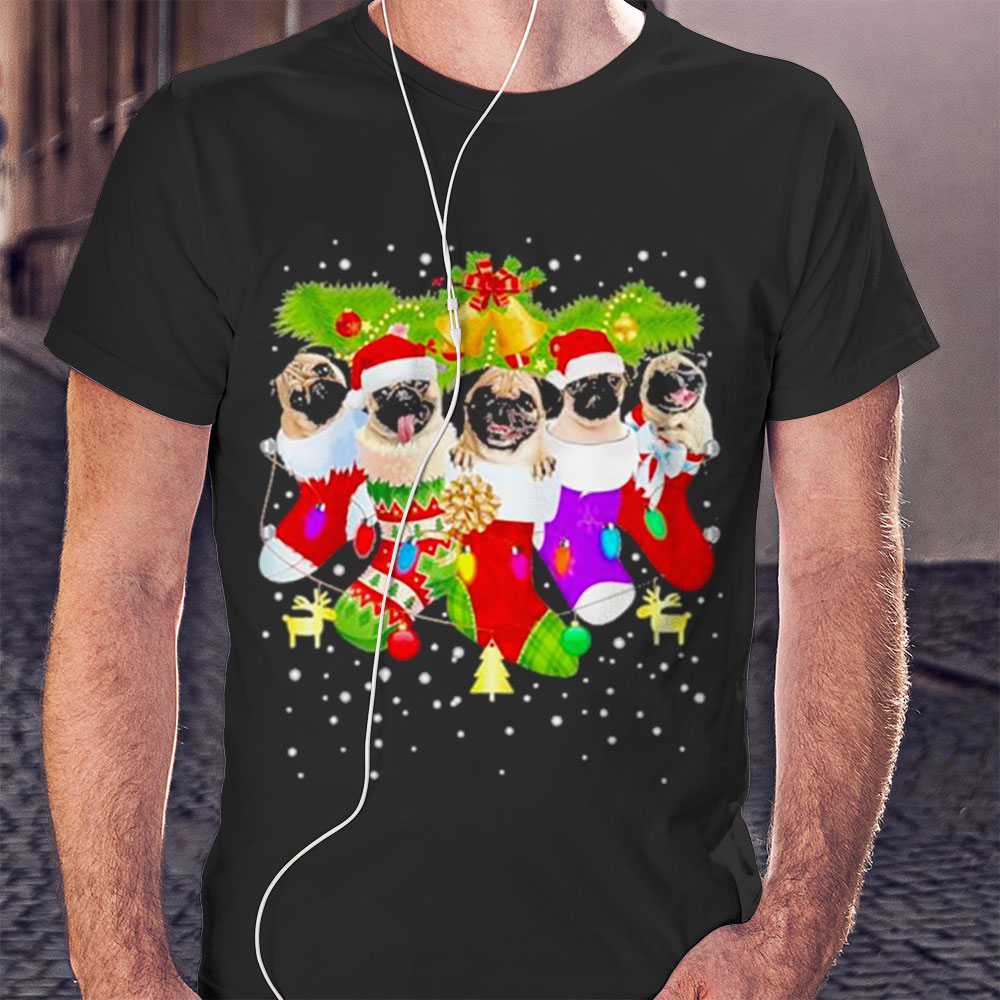 Santa Pugs In Christmas Socks Xmas Dog Lover Pug Mom Shirt