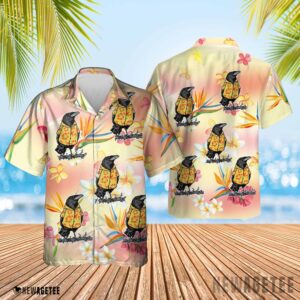 Crow wearing a Hawaiian shirt button up shirt