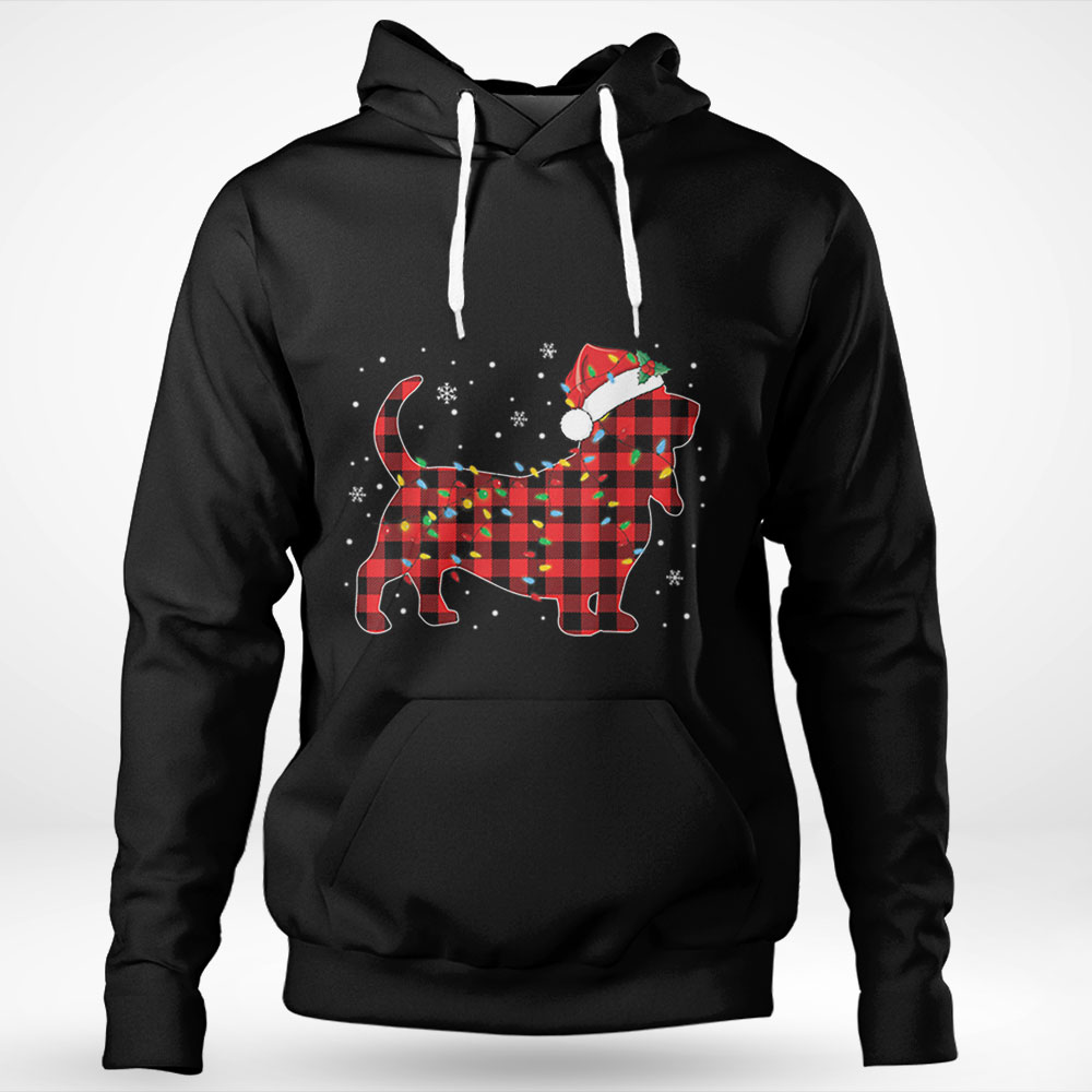 Basset Hound Christmas Tree Light Red Plaid Pajama Shirt
