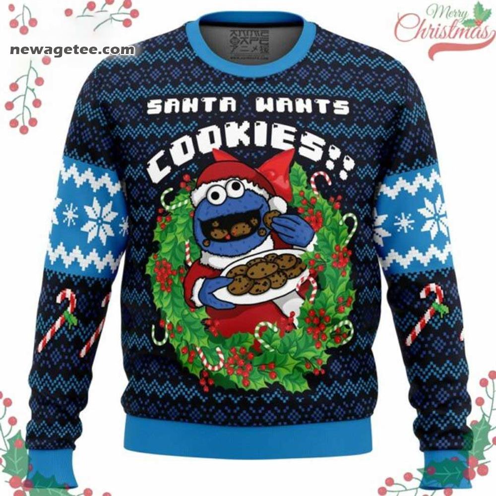 Santa Wants Cookies Cookie Monster Blue Ugly Christmas Sweater Santa Wants Cookies Cookie Monster Blue Ugly Christmas Sweater