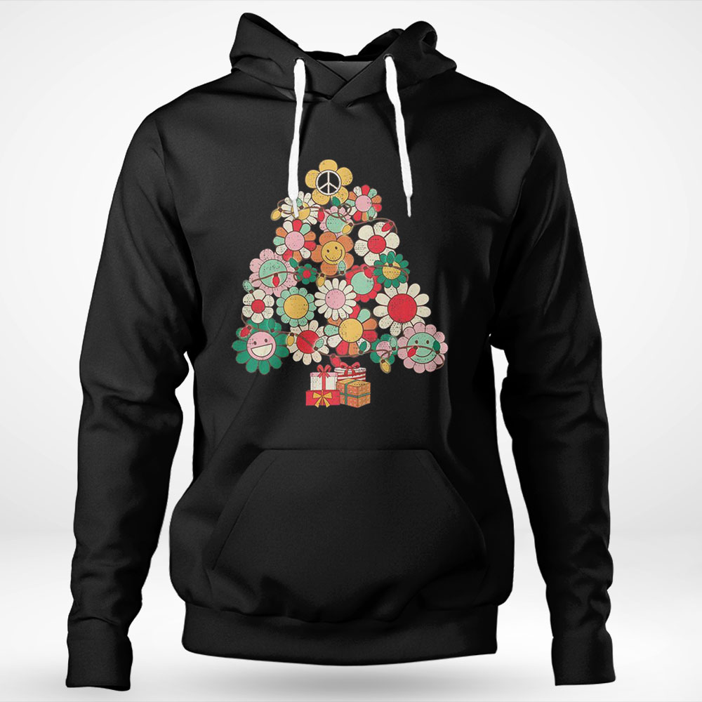 Groovy Christmas Tree Lights Floral Peace Signs Hippie Shirt