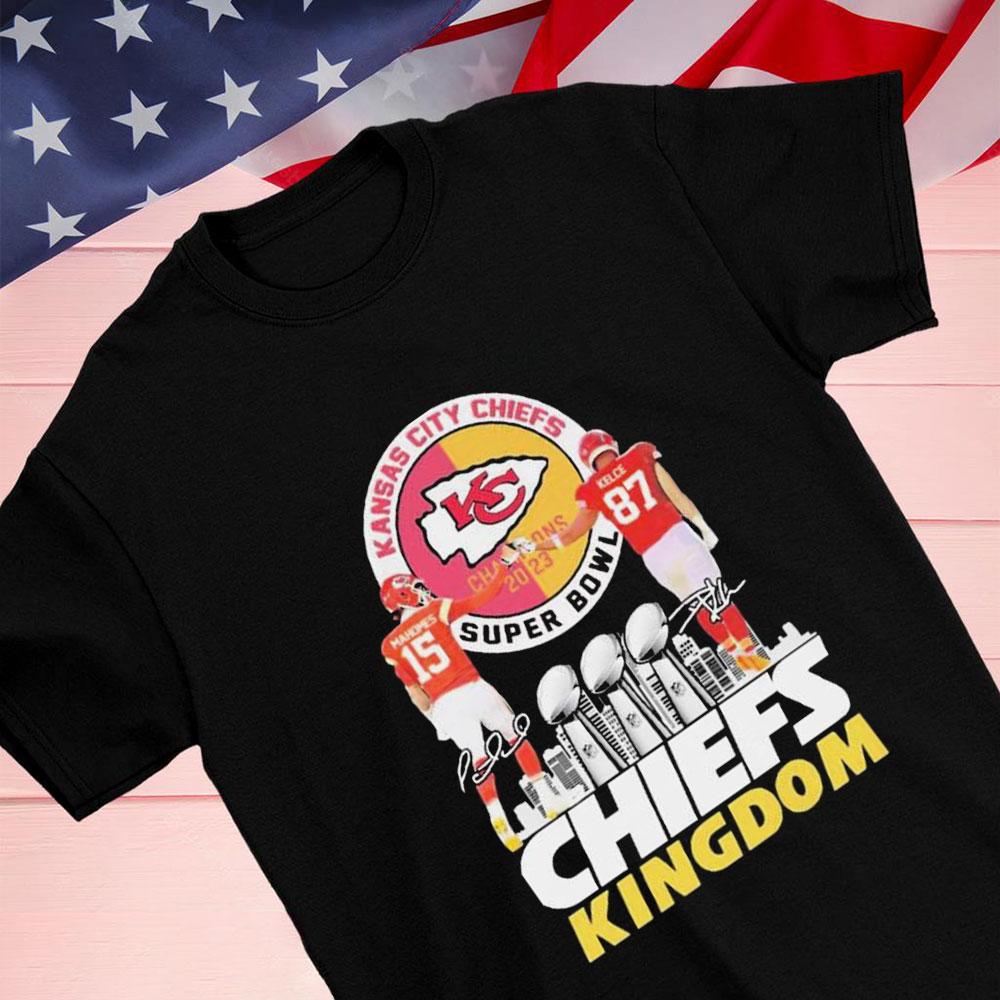 Chiefs Kingdom Patrick Mahomes And Trvis Kelce Super Bowl Champions 2023 Skyline Shirt