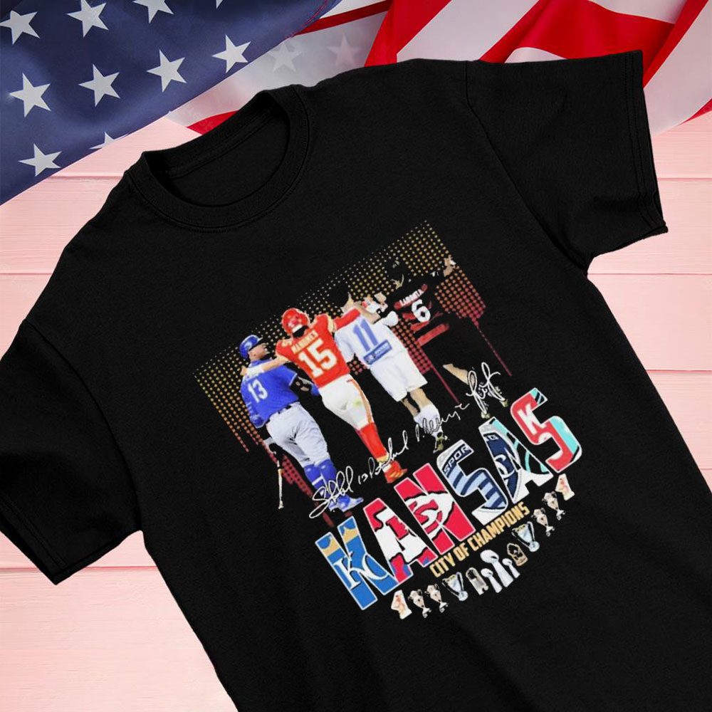 Salvador Perez Patrick Mahomes Khiry Shelton And Loeau Labonta Kansas City Of Champions Signatures Shirt