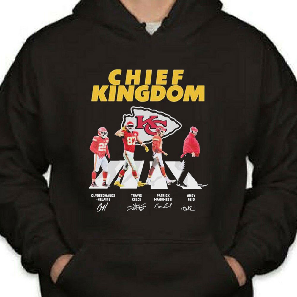 Chiefs Kingdom Clyde Edwards Helaire Travis Kelce Patrick Mahomes And Andy Reid Abbey Road Signatures Shirt