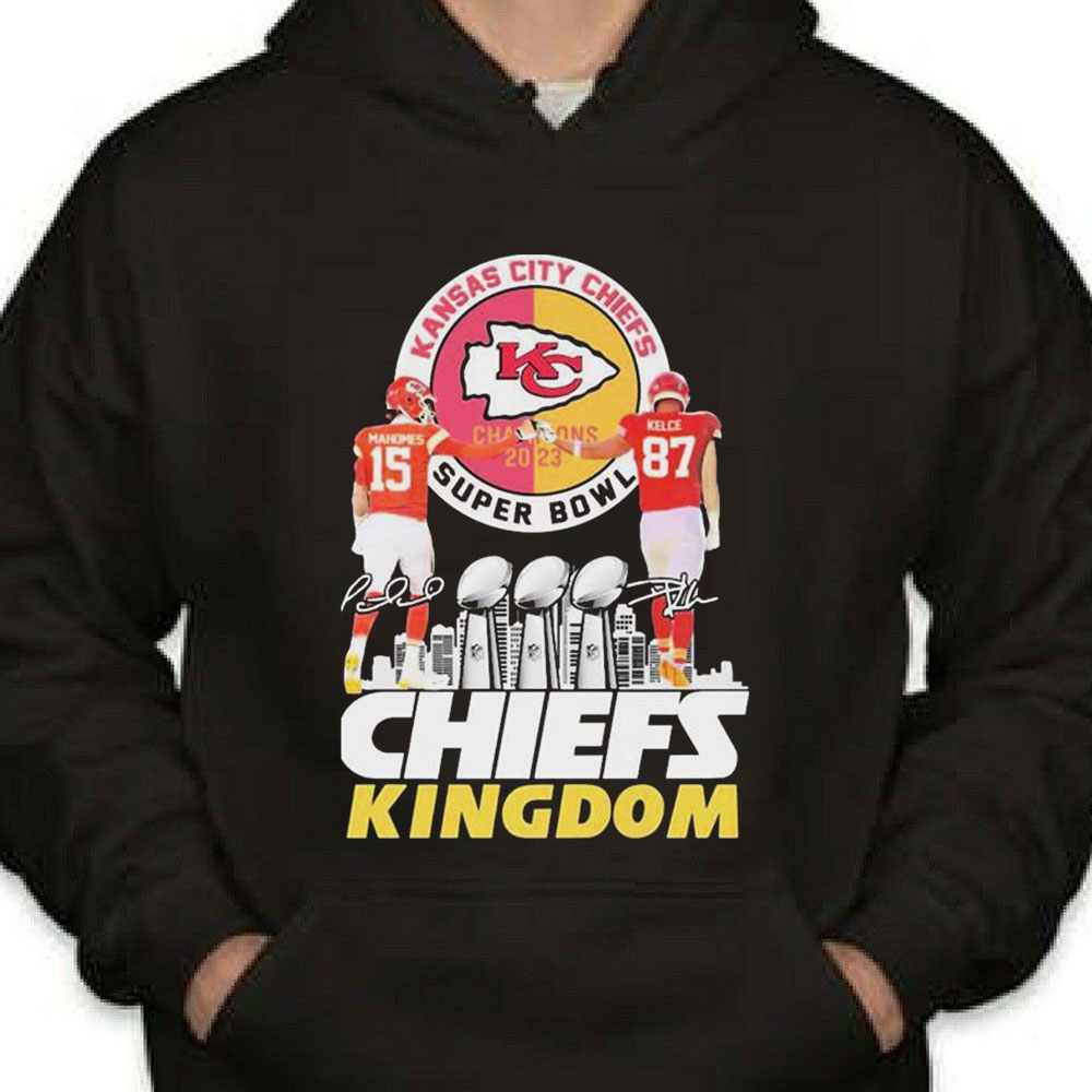 Chiefs Kingdom Patrick Mahomes And Trvis Kelce Super Bowl Champions 2023 Skyline Shirt