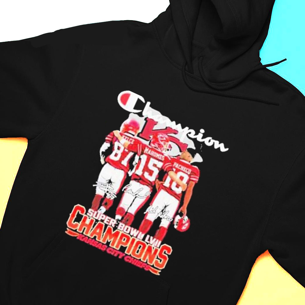 Travis Kelce Patrick Mahomes And Pacheco Super Bowl Lvii Champions Kansas City Chiefs Signatures Shirt