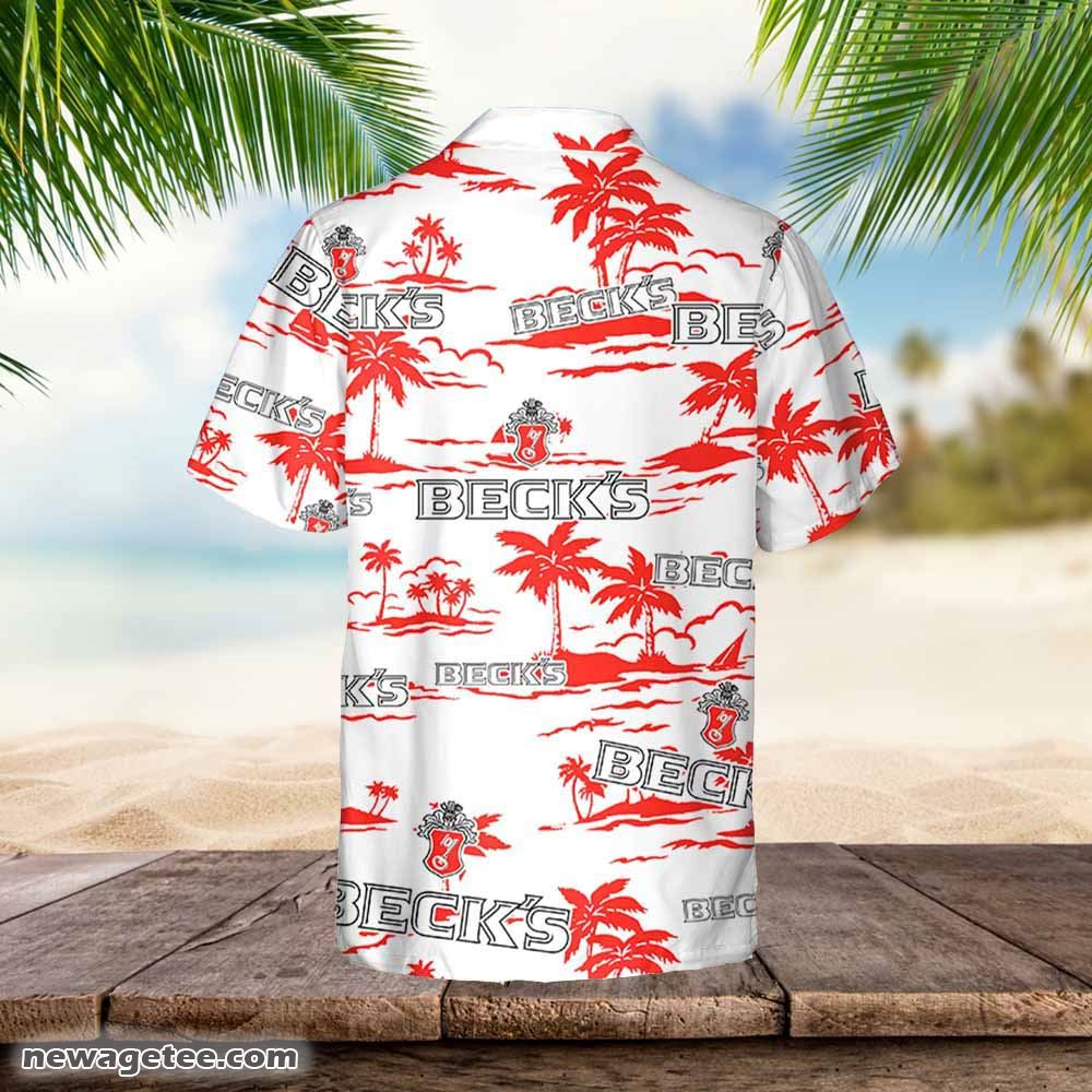 Beck’s Beer Hawaiian Button Up Shirt Island Palm Leaves