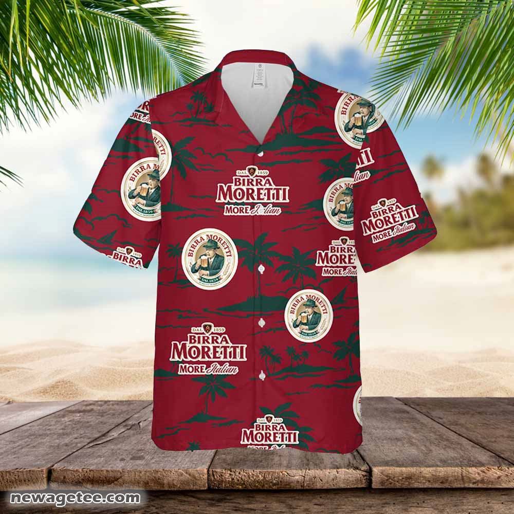 Birra Moretti Hawaiian Button Up Shirt Island Palm Leaves Shirt