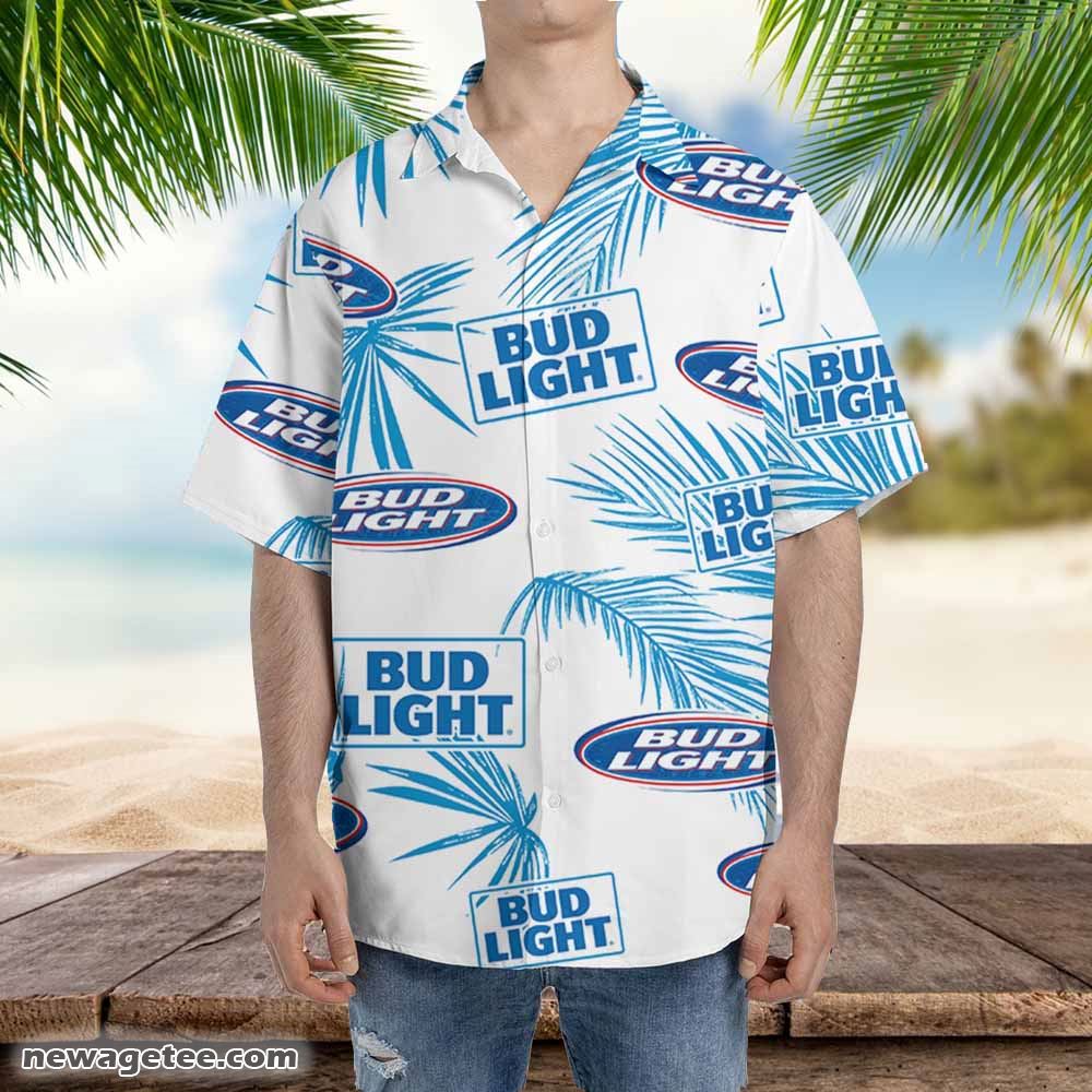 Bud Light Hawaiian Button Up Shirt Palm Leaves Pattern Bud Light Hawaiian Button Up Shirt Palm Leaves Pattern
