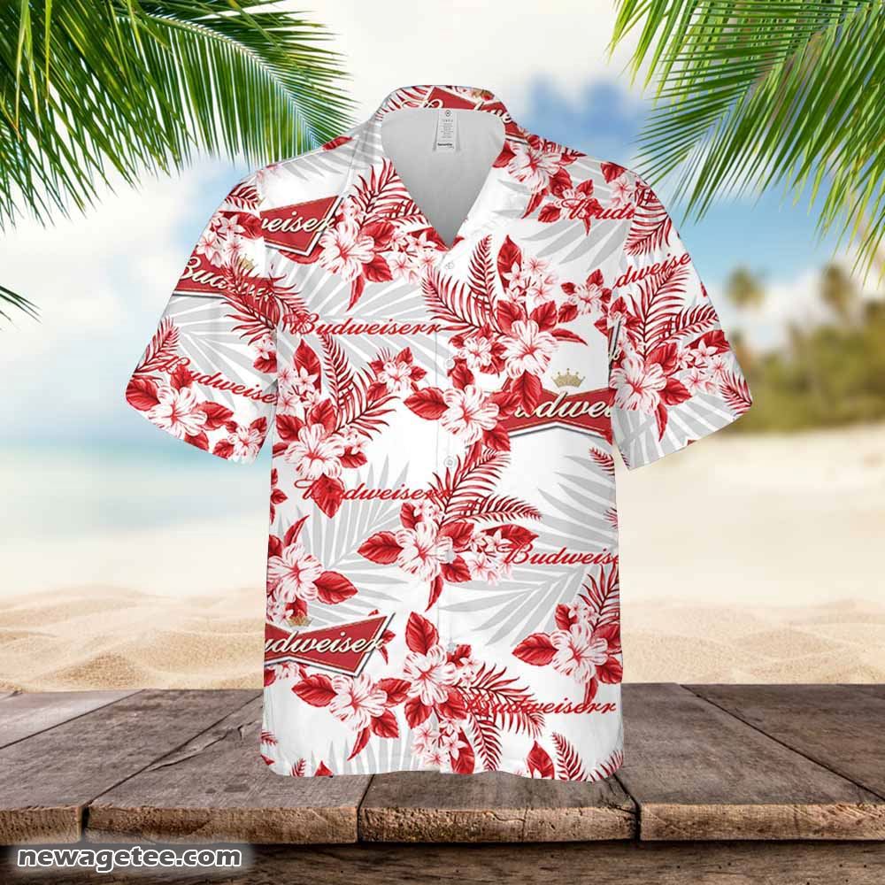 Budweiser Hawaiian Button Up Shirt Hibiscus Floral Budweiser Hawaiian Button Up Shirt Hibiscus Floral