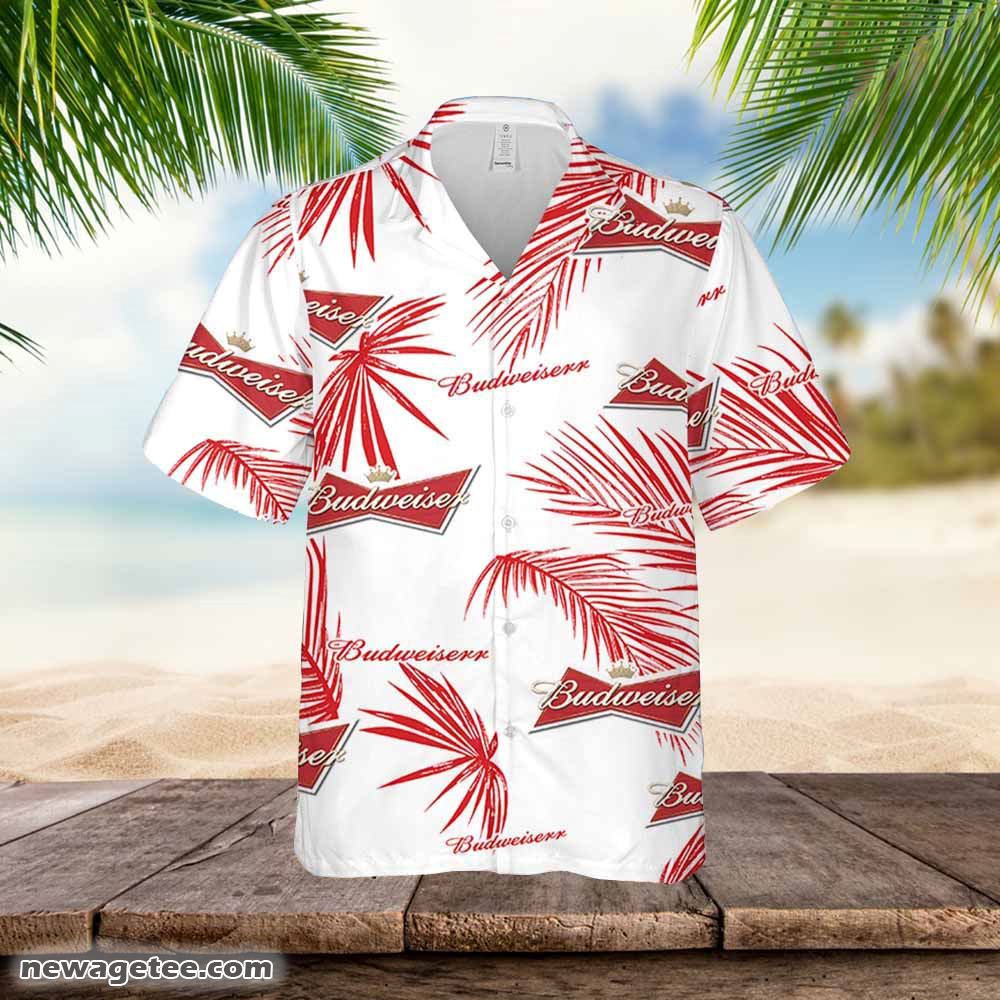 Budweiser Hawaiian Button Up Shirt Palm Leaves Pattern Budweiser Hawaiian Button Up Shirt Palm Leaves Pattern