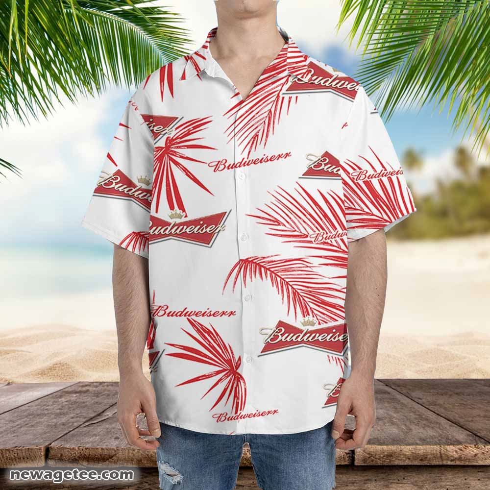 Budweiser Hawaiian Button Up Shirt Palm Leaves Pattern Budweiser Hawaiian Button Up Shirt Palm Leaves Pattern