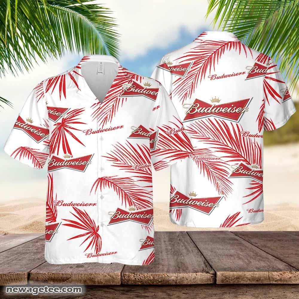 Budweiser Hawaiian Button Up Shirt Palm Leaves Pattern Budweiser Hawaiian Button Up Shirt Palm Leaves Pattern