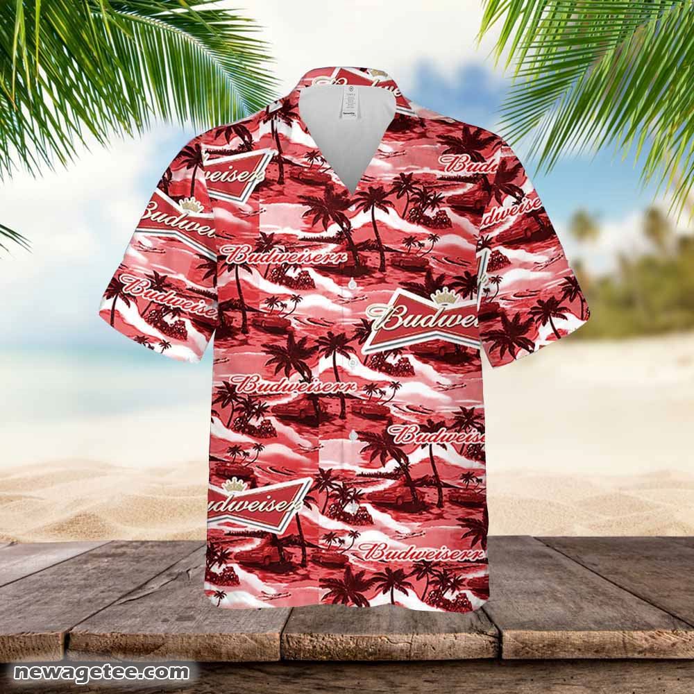 Budweiser Hawaiian Button Up Shirt Sea Island Pattern Budweiser Hawaiian Button Up Shirt Sea Island Pattern