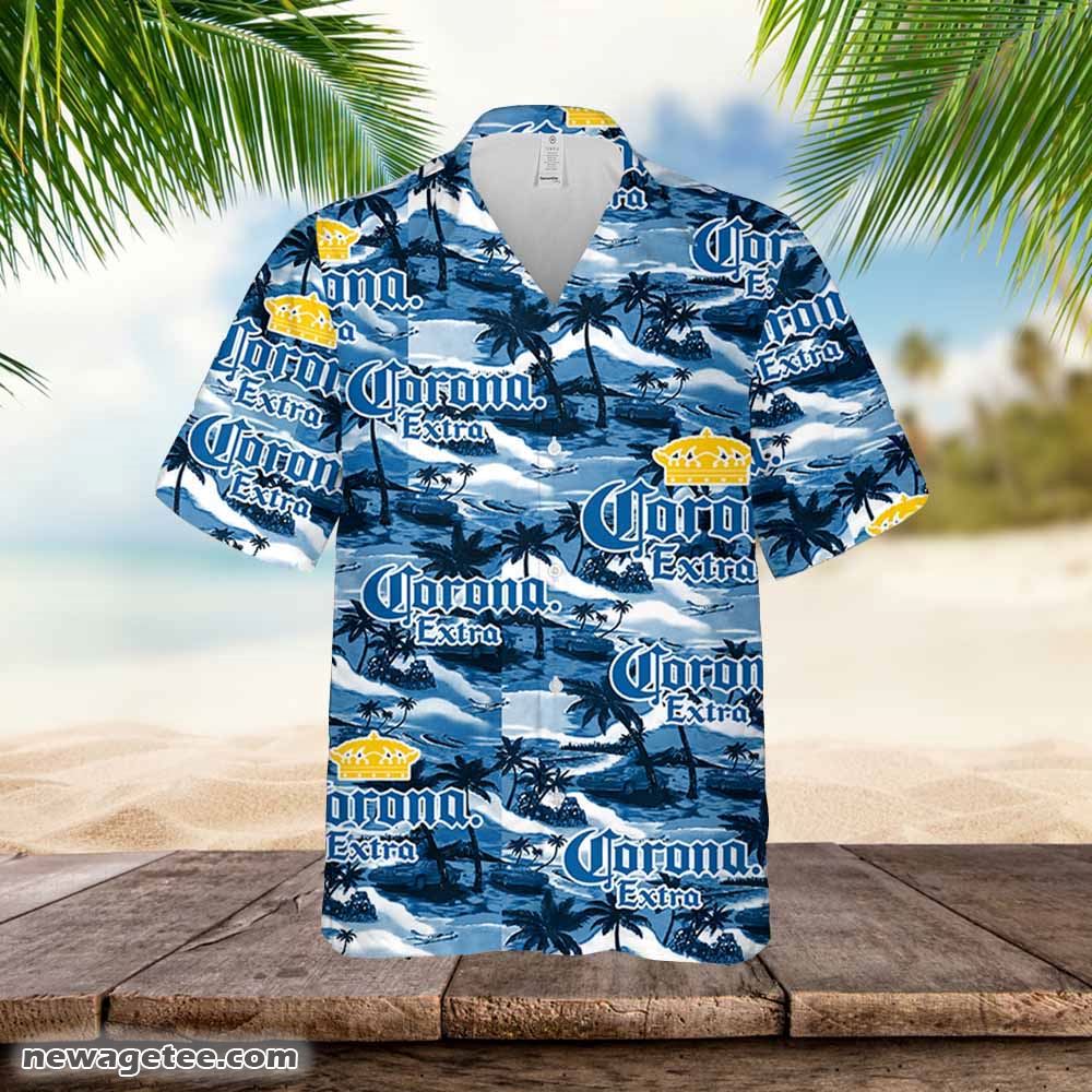 Corona Hawaiian Button Up Shirt Sea Island Pattern Beer