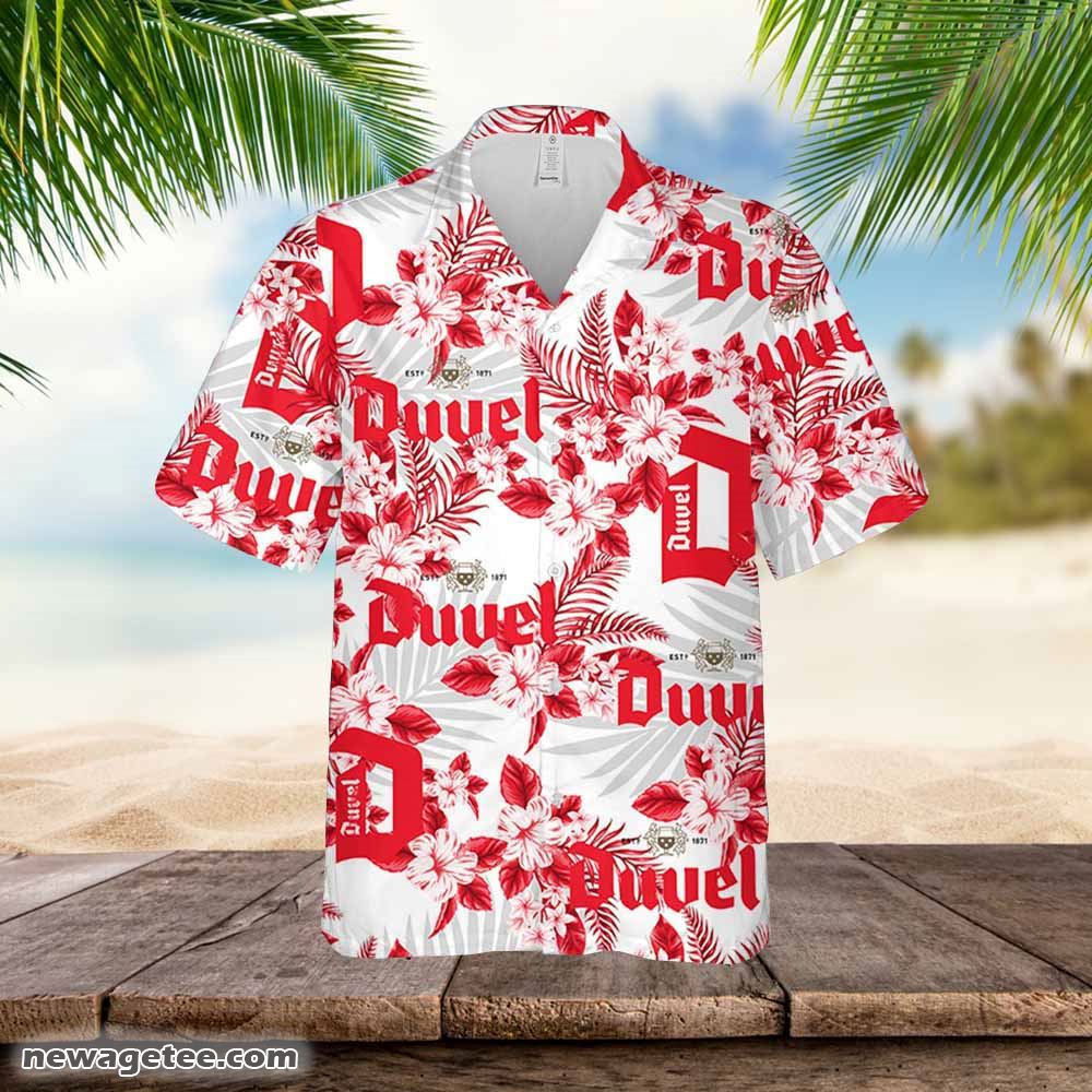 Duvel Beer Hawaiian Button Up Shirt Hibiscus Floral