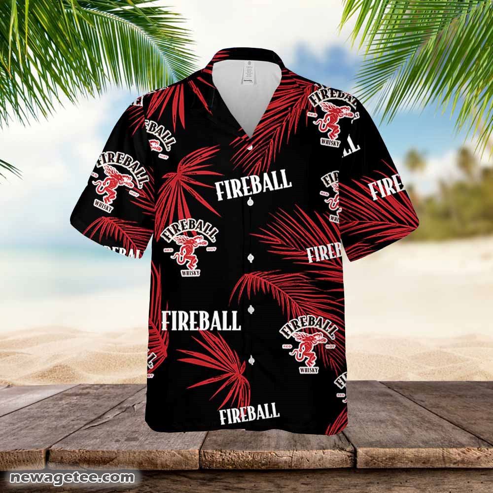 Fireball Hawaiian Button Up Shirt Palm Leaves Pattern Party