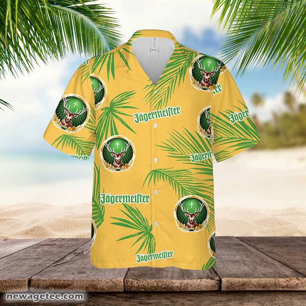 Jagermeister Hawaiian Button Up Shirt Palm Leaves Pattern Jagermeister Hawaiian Button Up Shirt Palm Leaves Pattern
