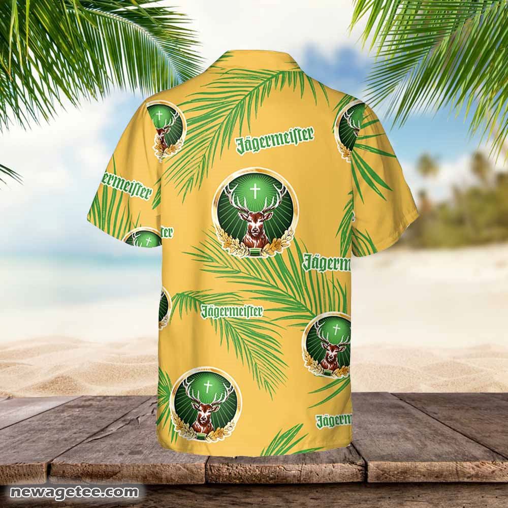 Jagermeister Hawaiian Button Up Shirt Palm Leaves Pattern