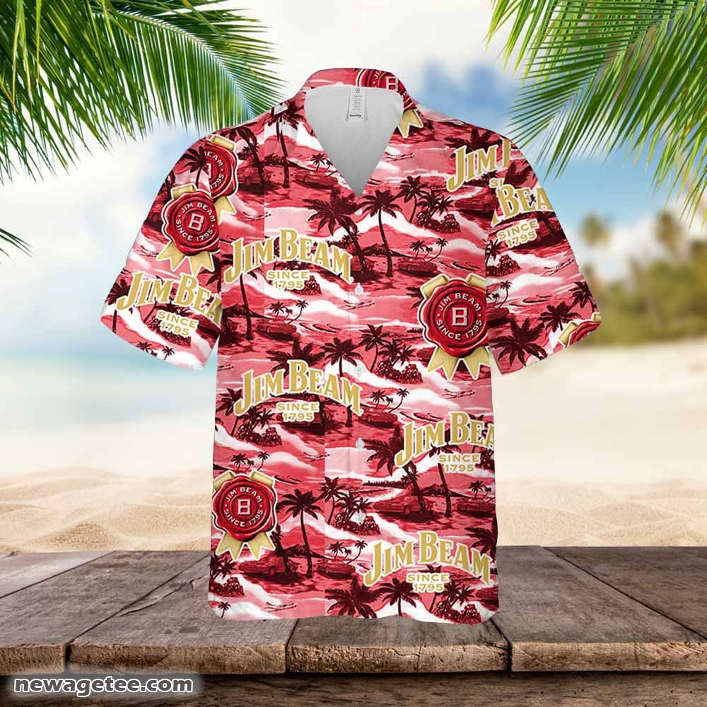 Jim Beam Hawaiian Button Up Shirt Sea Island Pattern