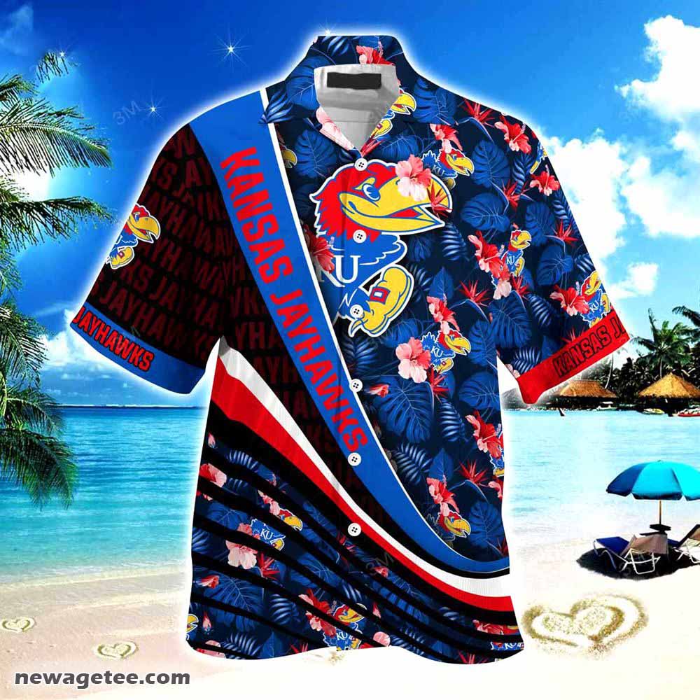 Kansas Jayhawks Summer Beach Hawaiian Shirt With Tropical Flower Pattern Kansas Jayhawks Summer Beach Hawaiian Shirt With Tropical Flower Pattern