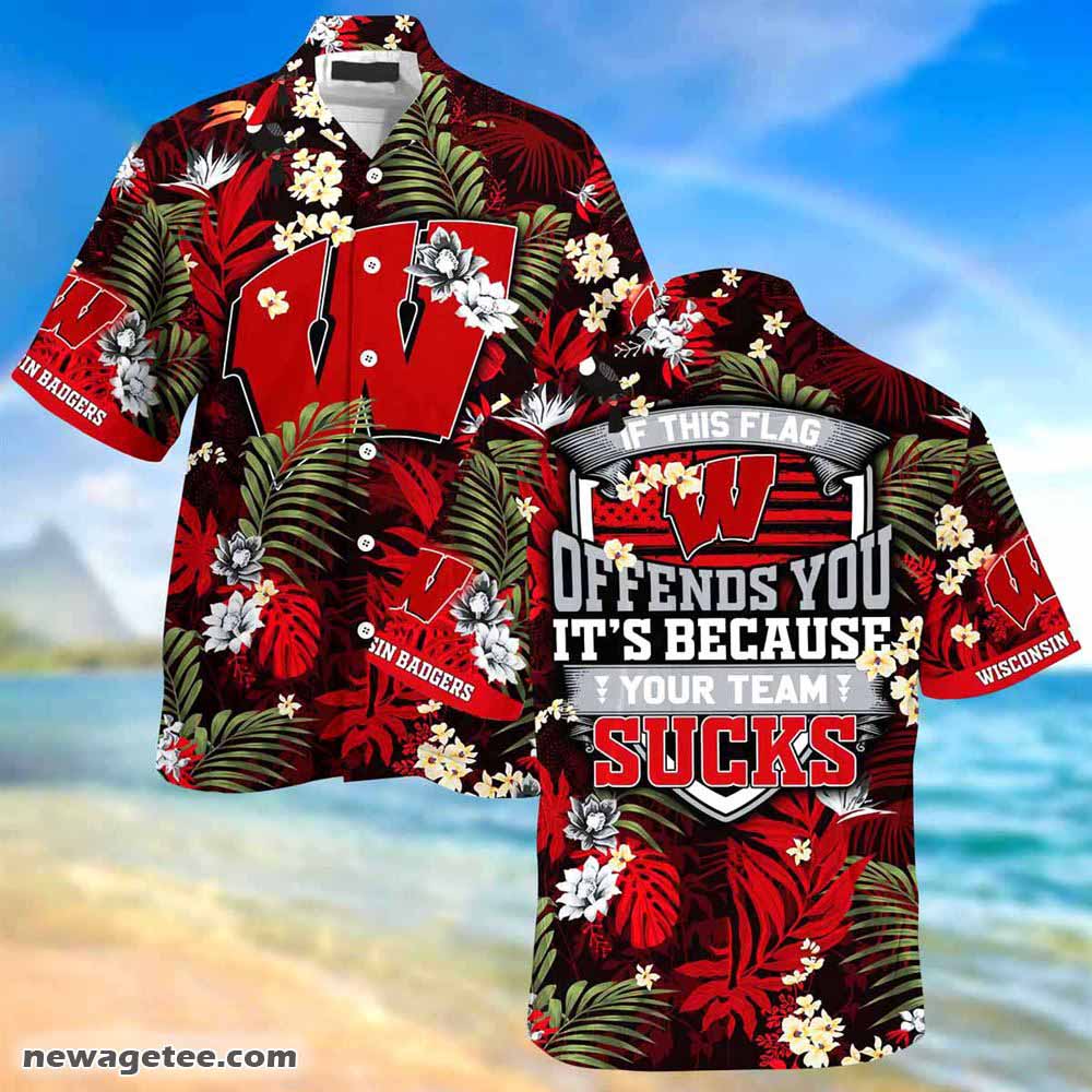 Wisconsin Badgers Summer Hawaiian Shirt And Shorts With Tropical Patterns For Fans