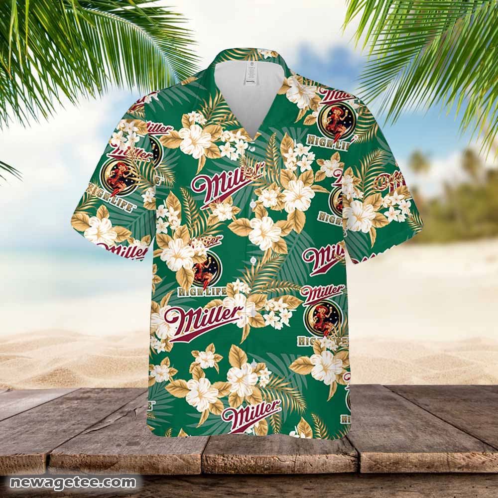 Miller High Life Hawaiian Button Up Shirt Flowers Pattern