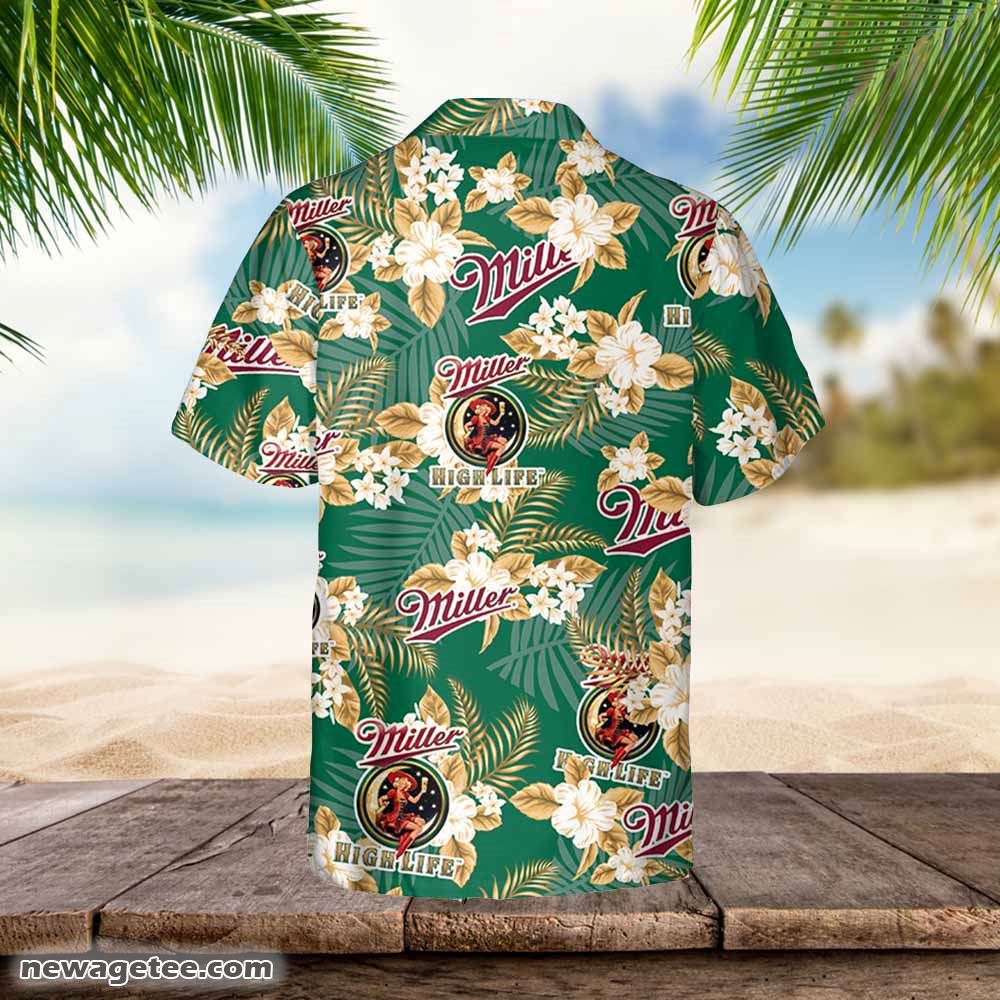 Miller High Life Hawaiian Button Up Shirt Flowers Pattern