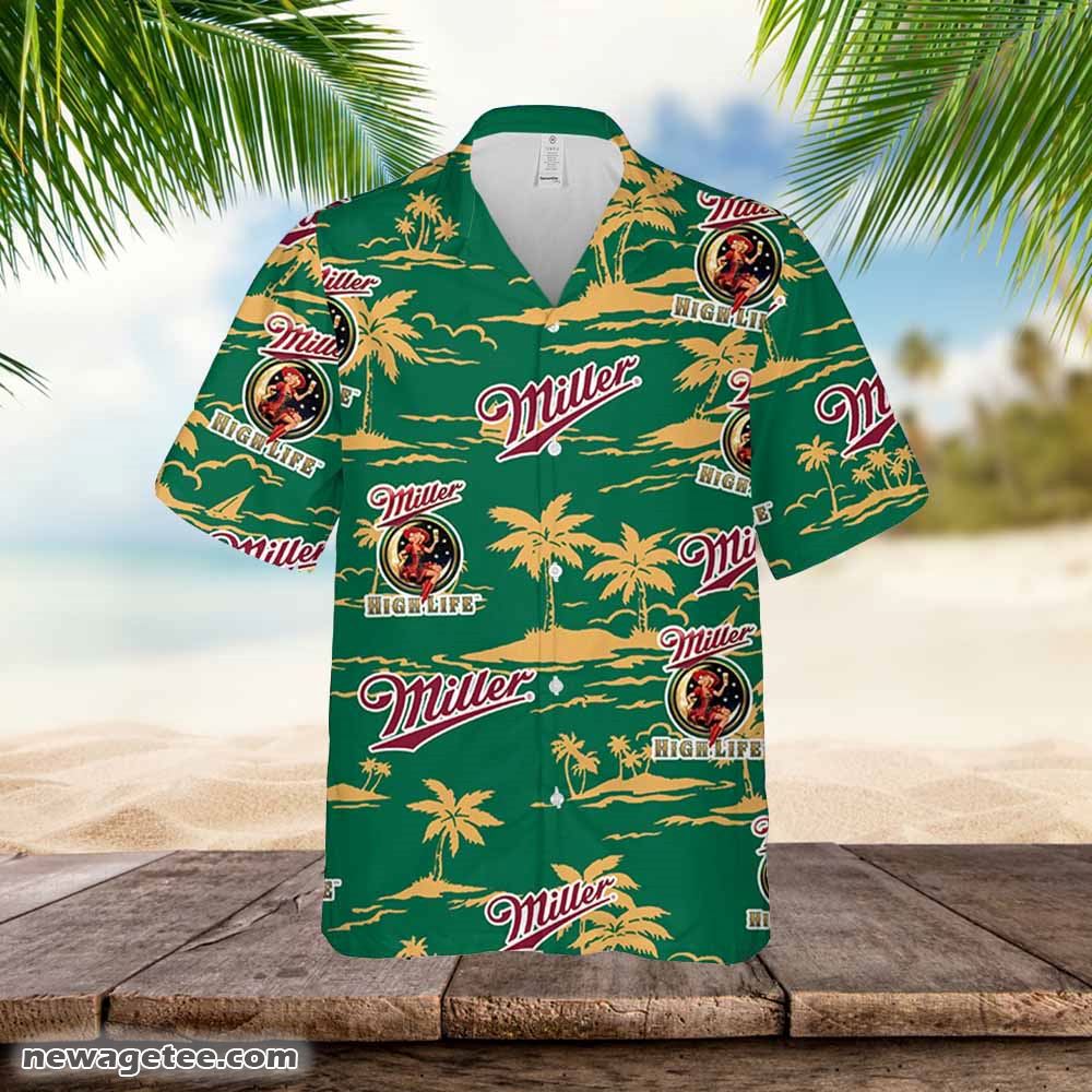 Miller High Life Hawaiian Button Up Shirt Island Palm Leaves