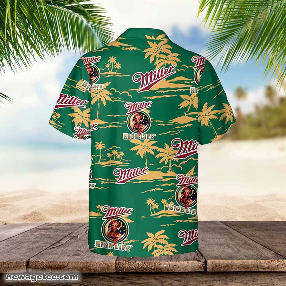 Miller High Life Hawaiian Button Up Shirt Island Palm Leaves