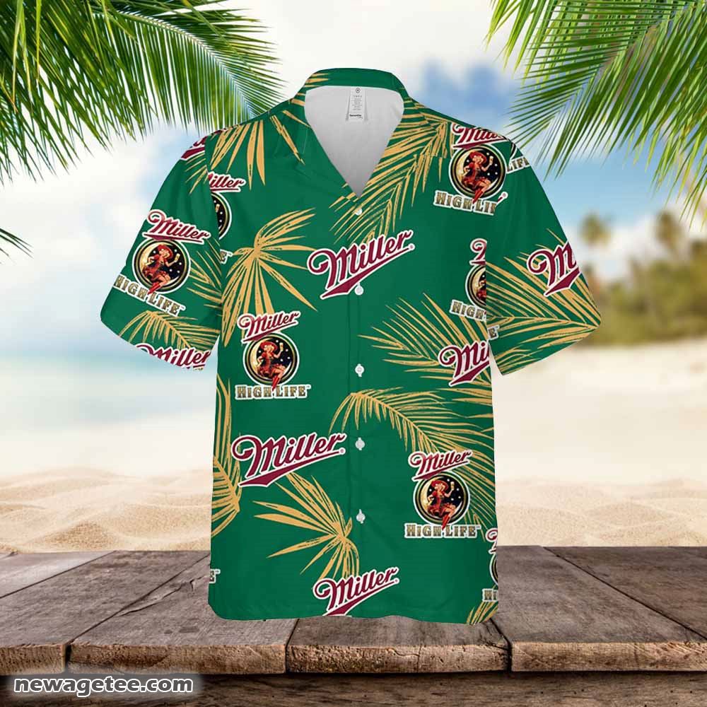 Miller High Life Hawaiian Palm Leaves Pattern Shirt Beer