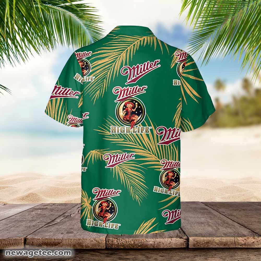 Miller High Life Hawaiian Palm Leaves Pattern Shirt Beer