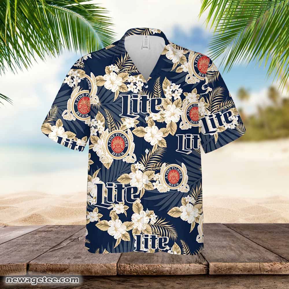 Miller Lite Hawaiian Button Up Shirt Flowers Pattern Shirt